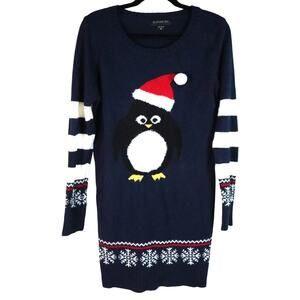 Penguin Christmas Sweater 3D Textured Long Tunic Fair Isle Knit Womens Medium